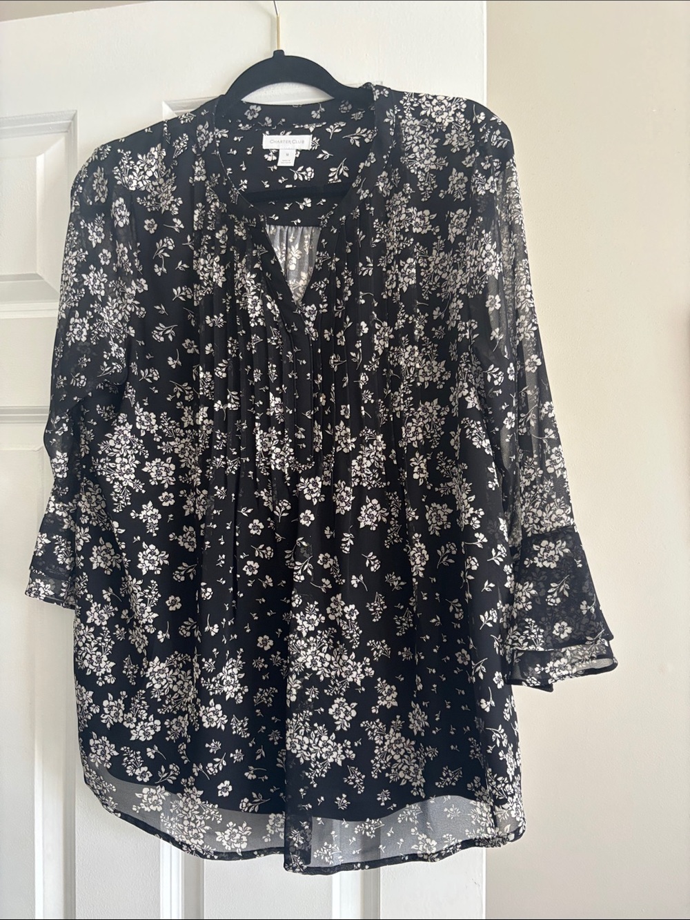 Charter Club Black Blouse with White Floral Print
